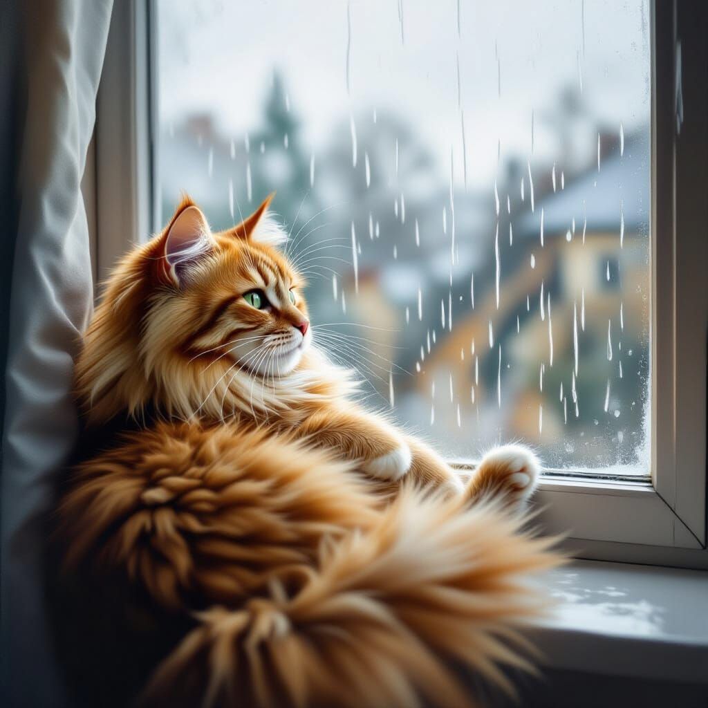 Fluffy Cat on Rainy Day Windowsill