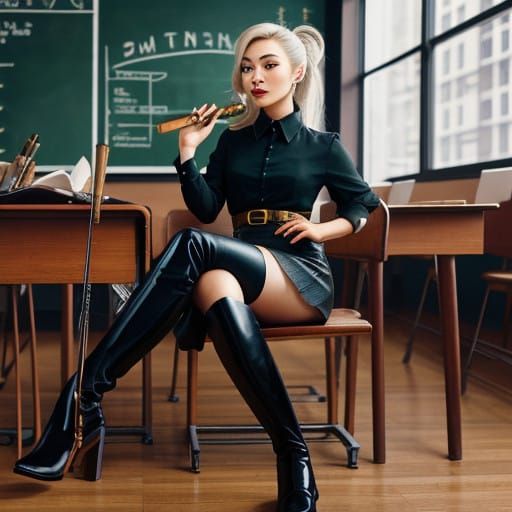 Glamorous Singer in School Uniform Smokes Cigars