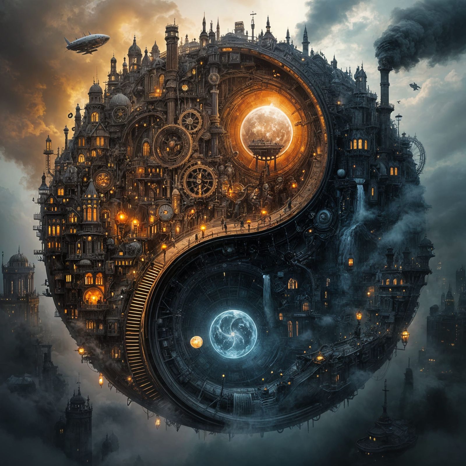 Steampunk Cityscape Yin-Yang Symbol in Victorian Style