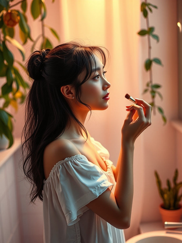 Woman in Nightgown Applies Makeup: Hyperrealistic 3D Art