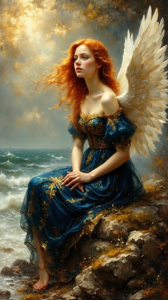 Ethereal Angel in Stormy Seas, Pre Raphaelite Style