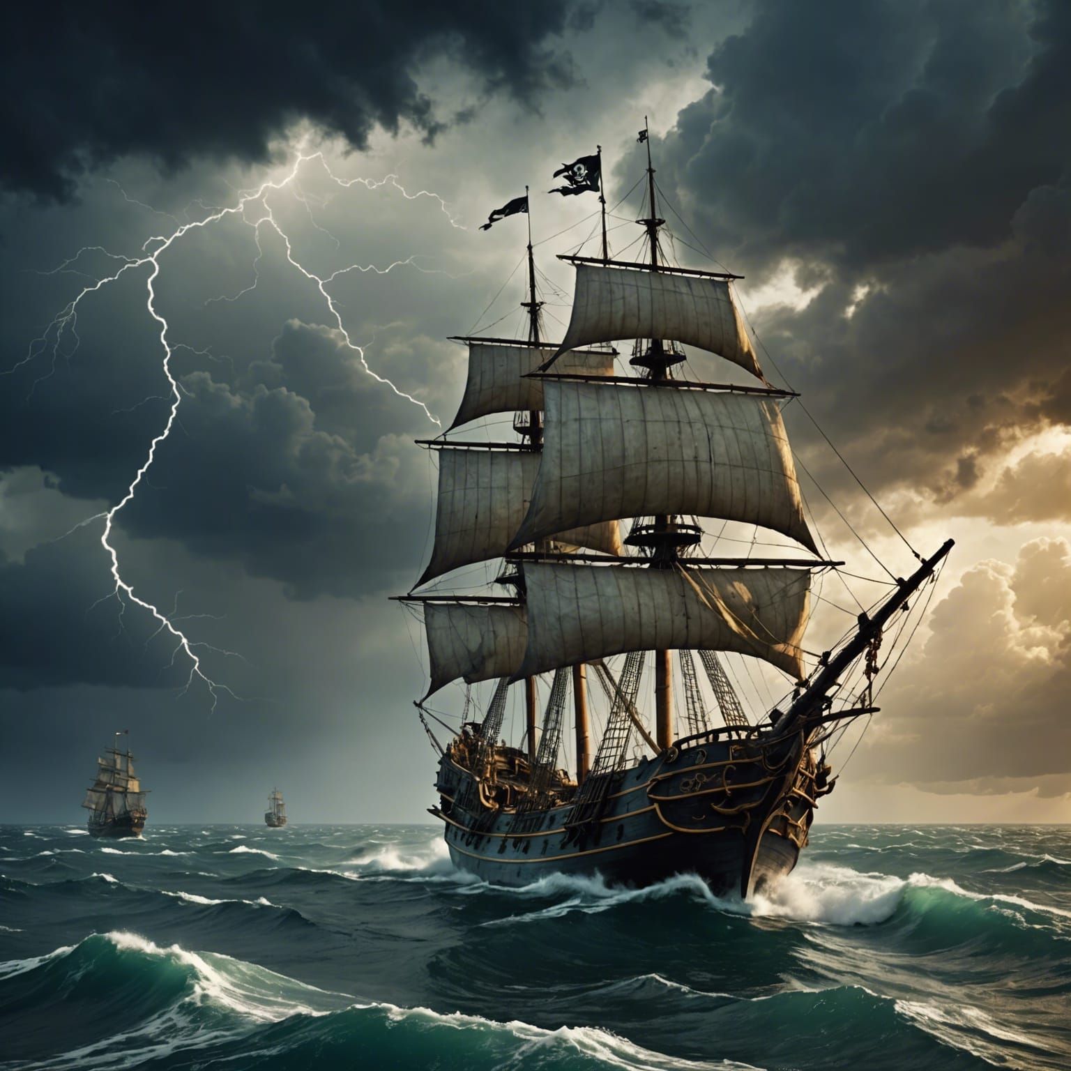Pirate Ship Sails Through Stormy Seas