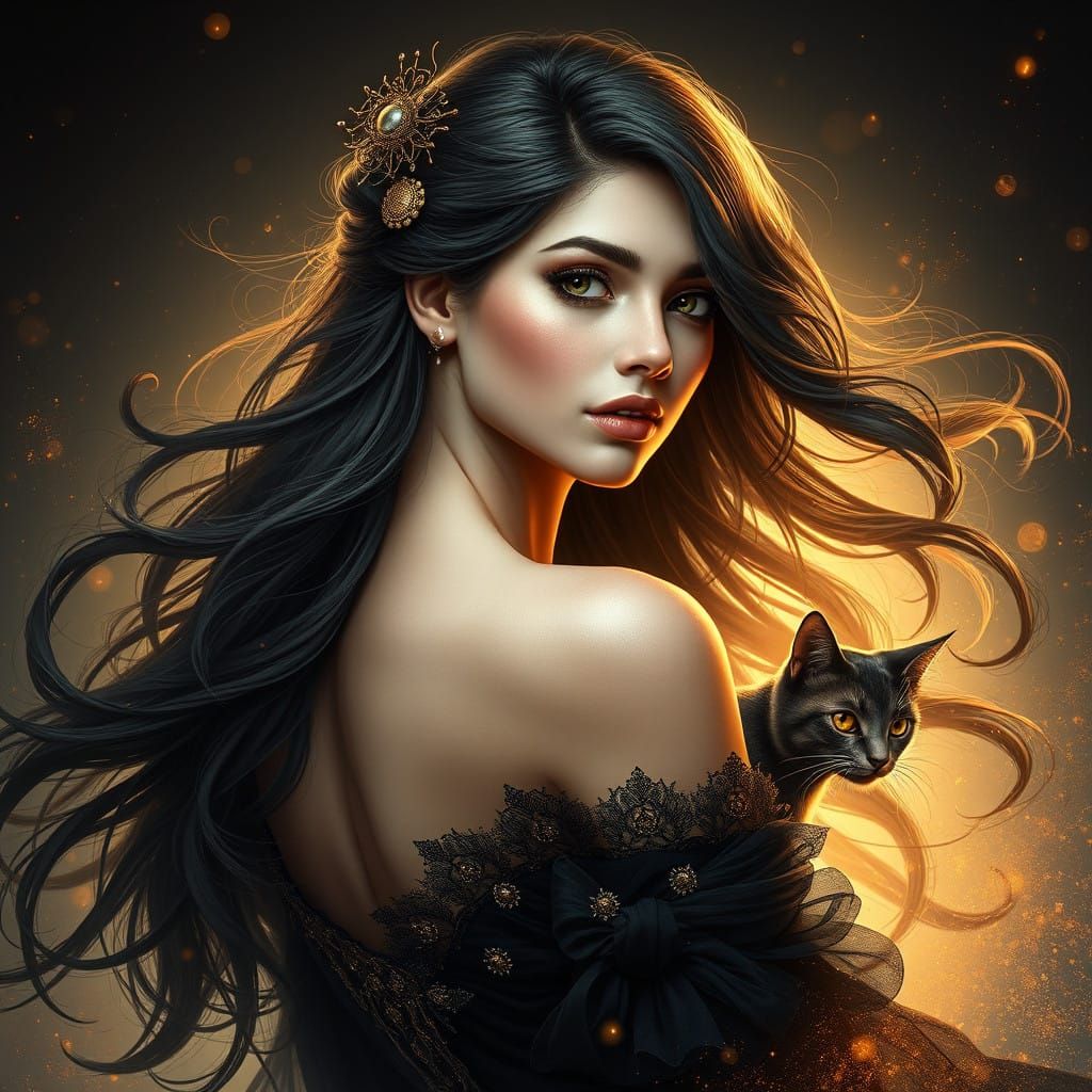 Majestic Night Queen with Golden Locks and Wind-Swept Curls