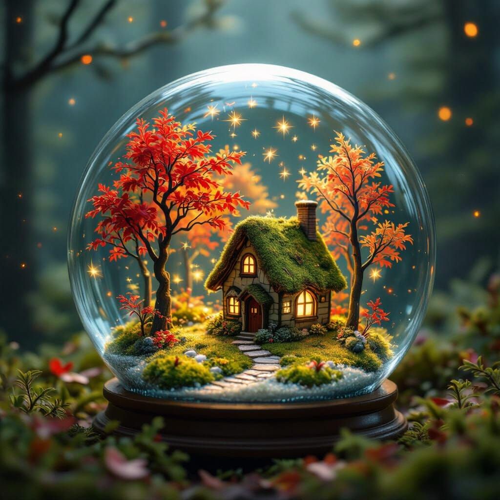 Enchanted Forest Snow Globe with Mossy Cottage