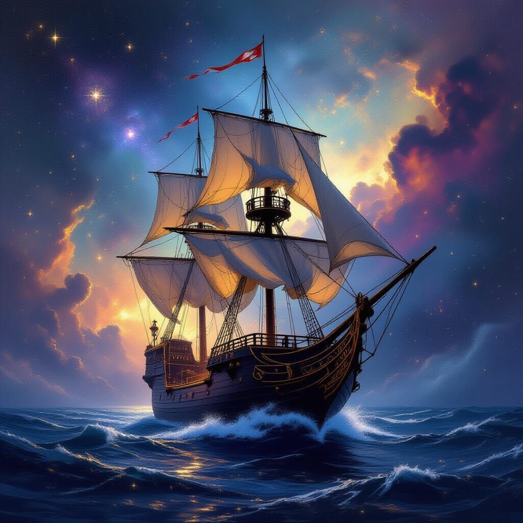 Cosmic Galleon Sailing Through Nebula in Painterly Style