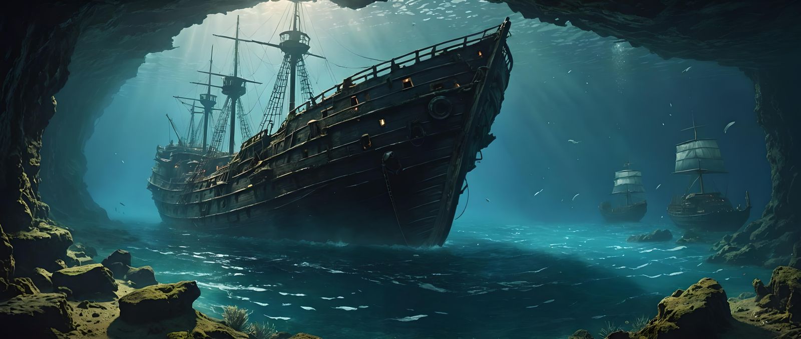 Detailed Ghostly Shipwreck at Sea Bottom
