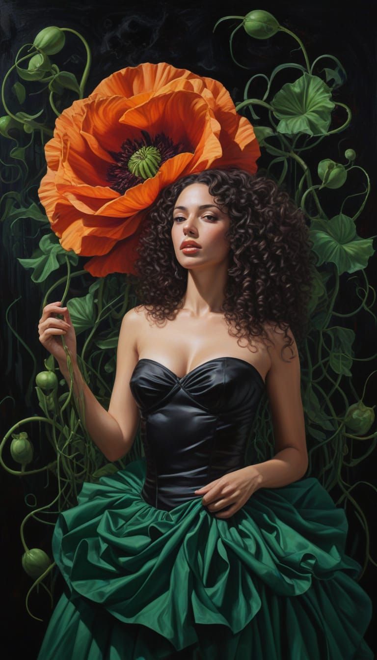 Surreal Woman Emerges from Poppy Pod as Oil Painting