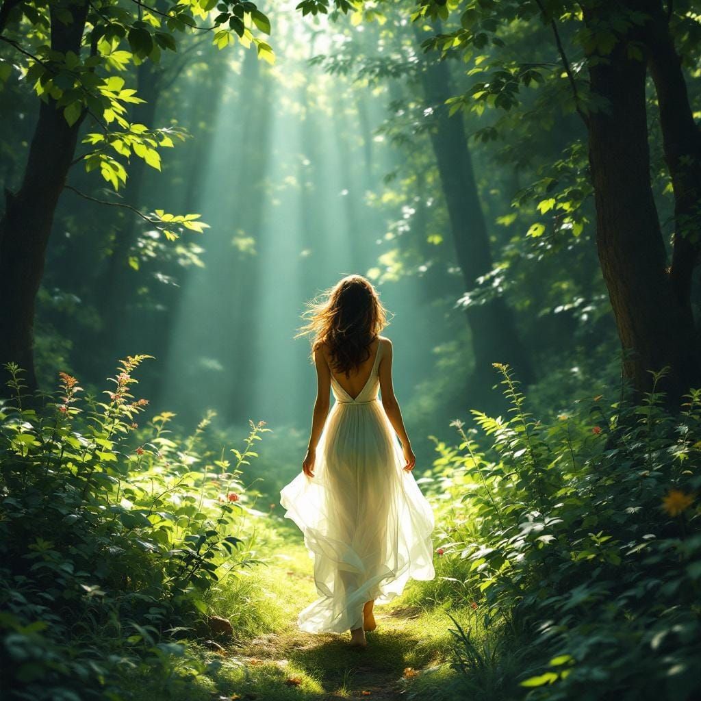 Woman in White Dress Walking Through Forest