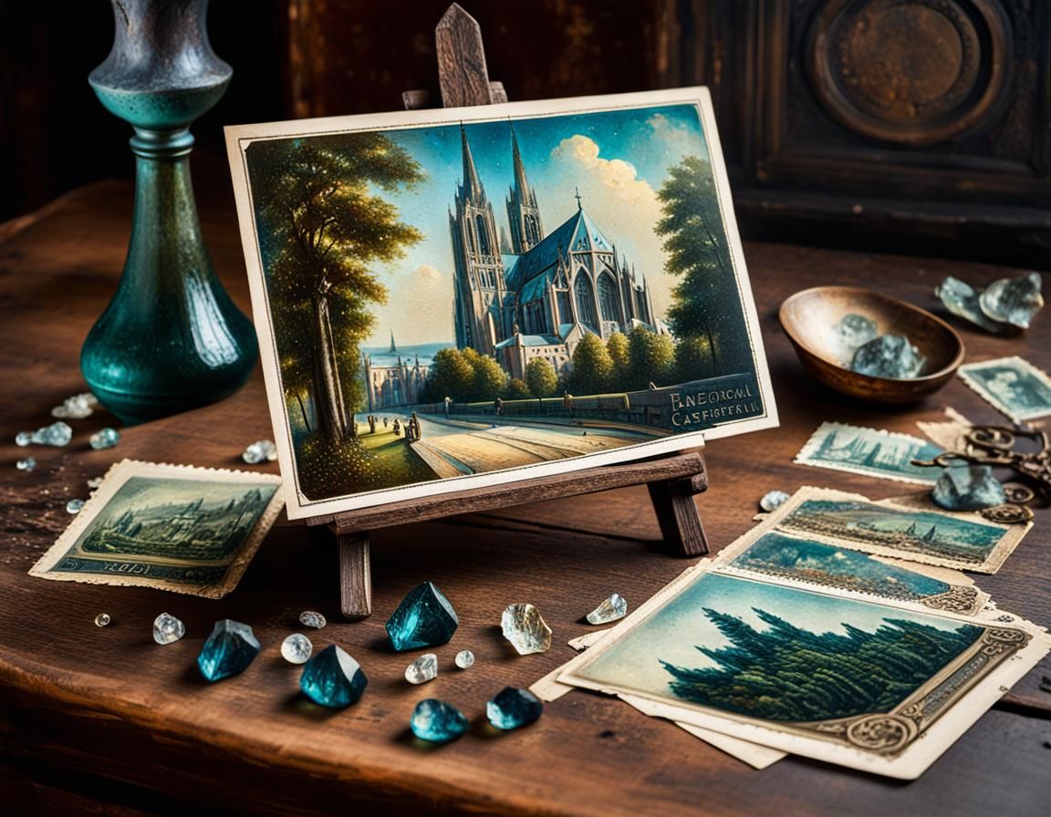 Vintage French Postcard with Cathedral in Expressionist Styl...