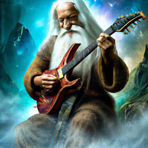 Gandalf Plays Electric Guitar in Misty Forest