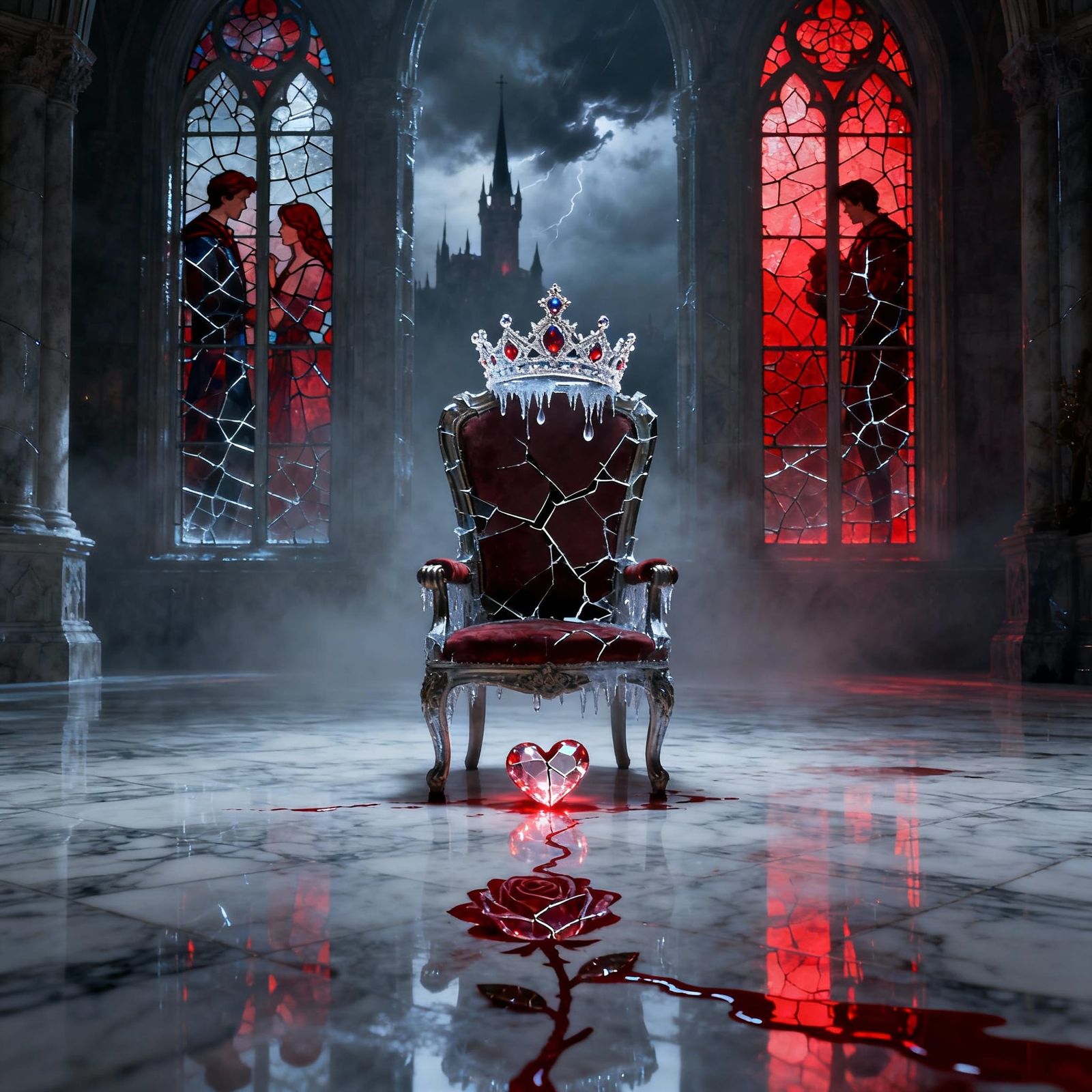 Fractured Crown on Solitary Throne in Shadowed Hall