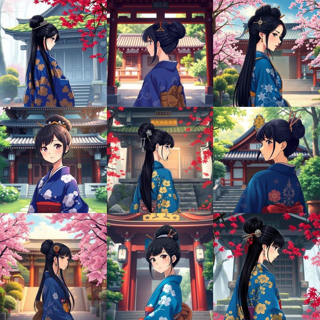 Girl in Blue Kimono Standing in Front of a Traditional Shrin...