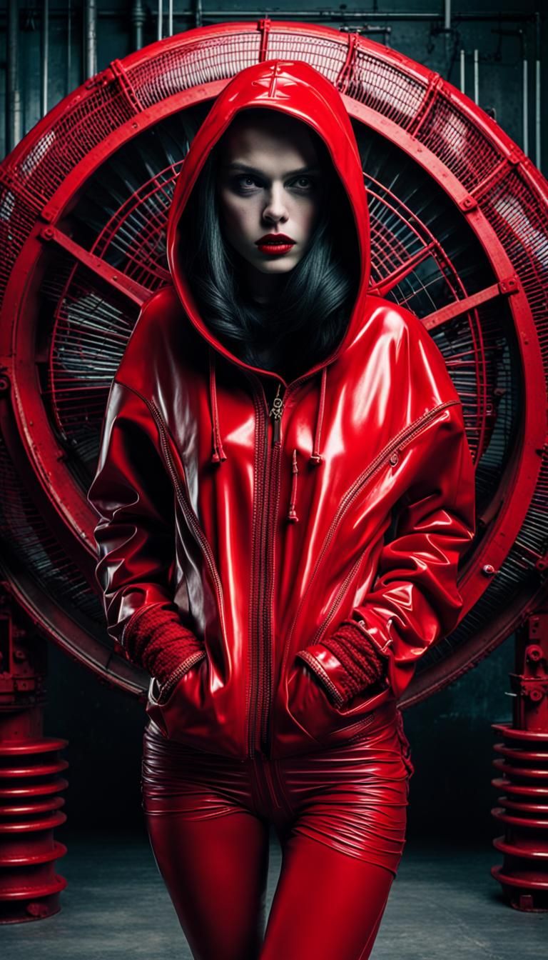 Cyberpunk Woman in Red Latex Hoodie with Industrial Fan