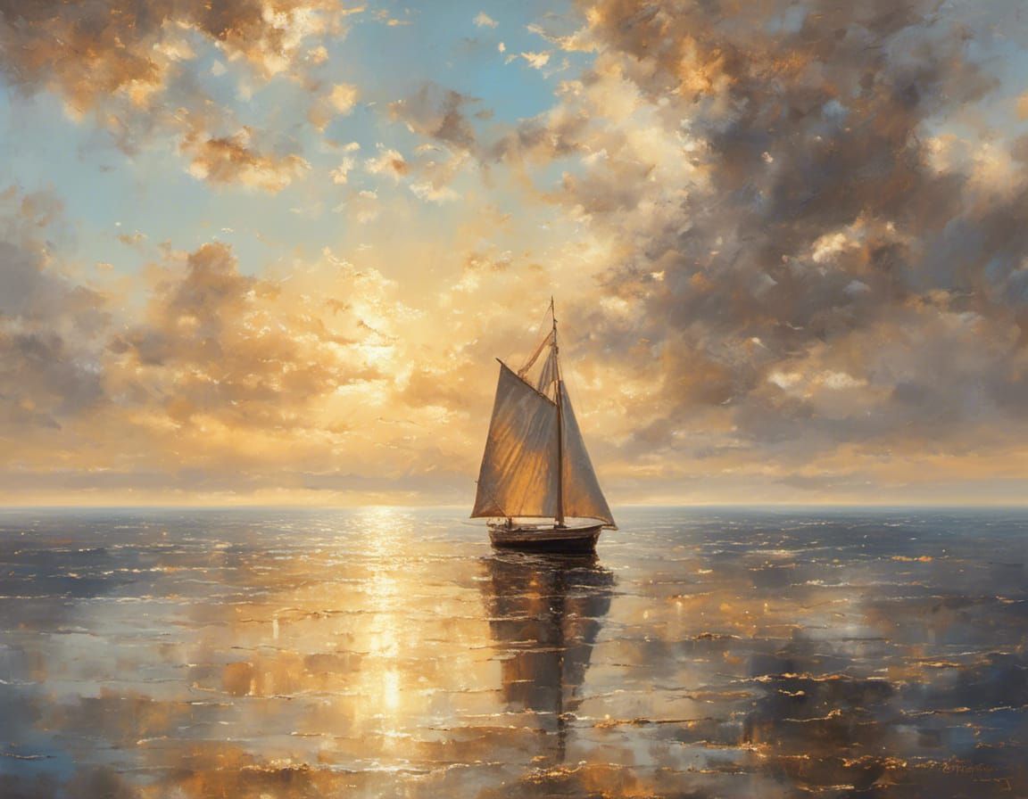 Old Sailing Boat on Calm Ocean as Oil Painting