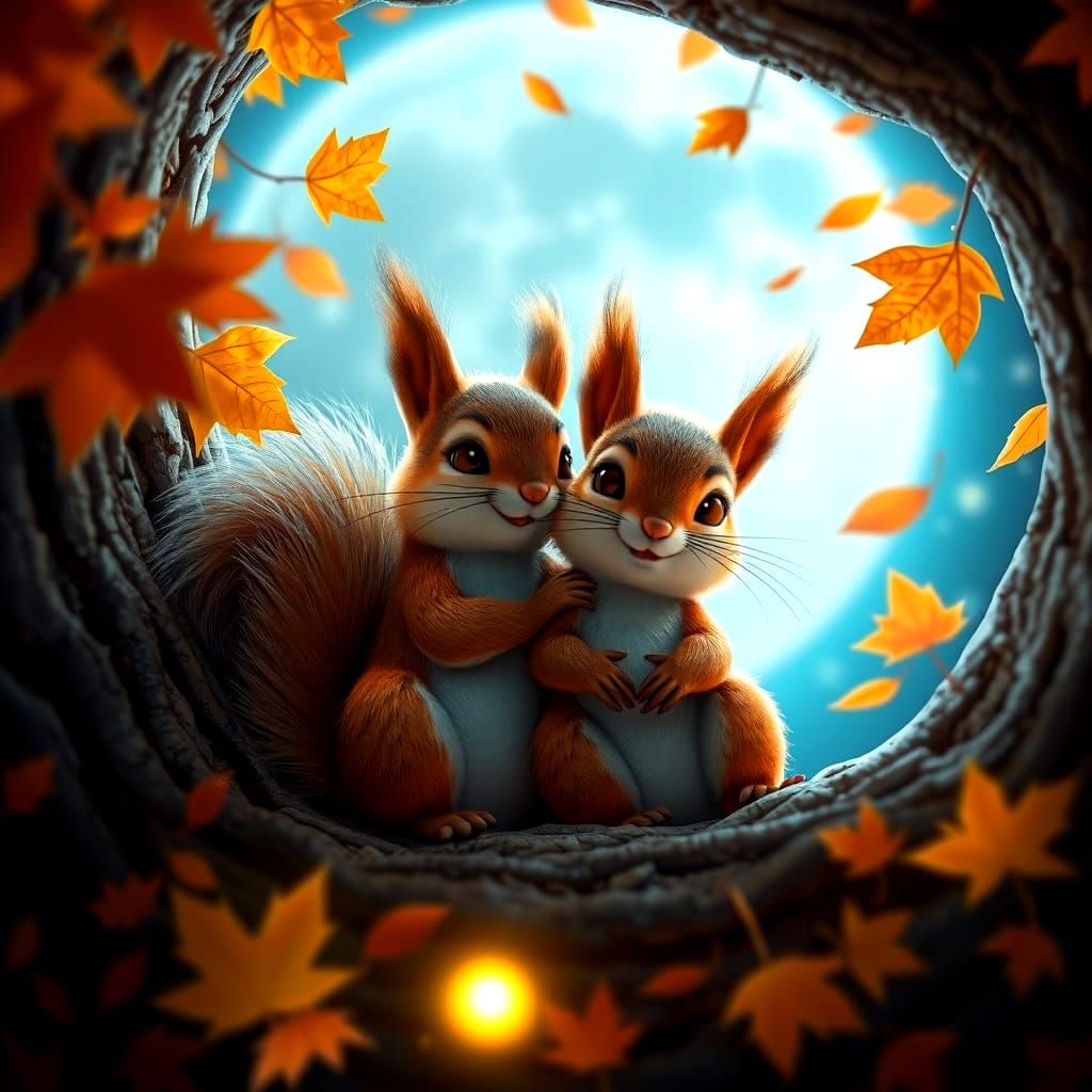 Squirrels Snuggle in Cozy Autumn Tree Hole