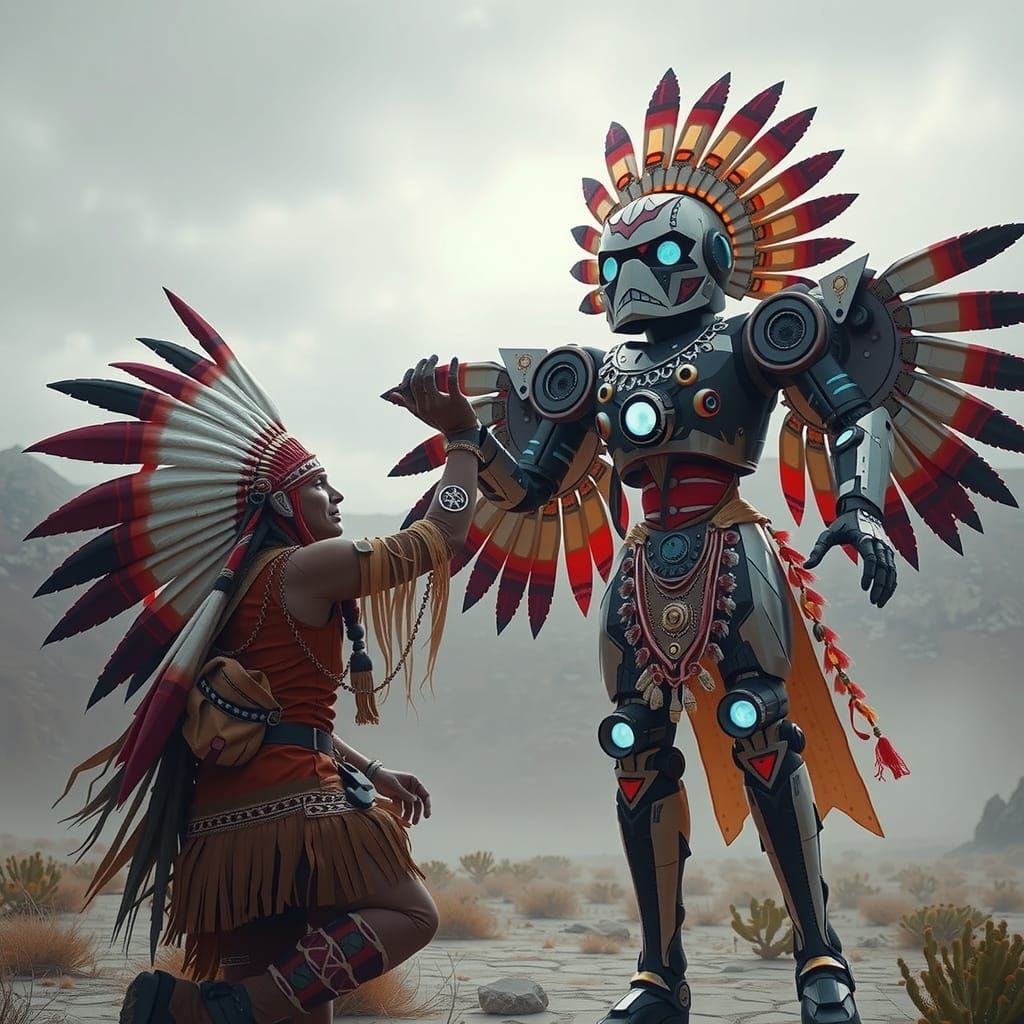 Futuristic Indian Chief Summons Robotic Kachina Doll
