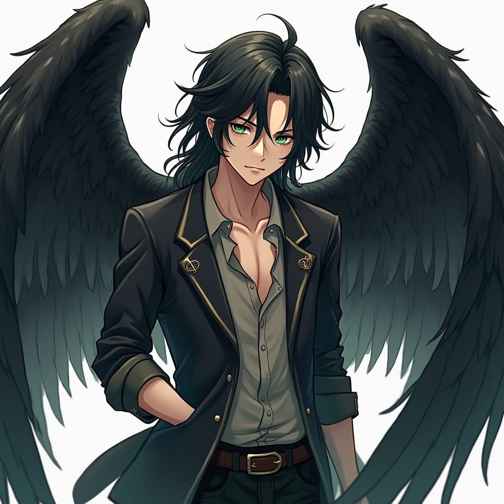 Handsome Dark Angel with Black Wings in Anime Style