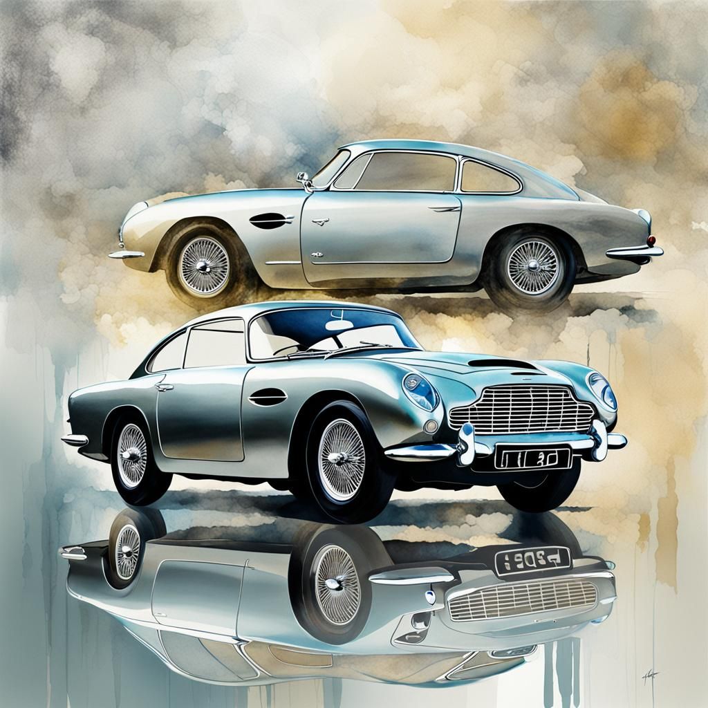 Silver 1963 Aston Martin DB5 Watercolor Masterpiece