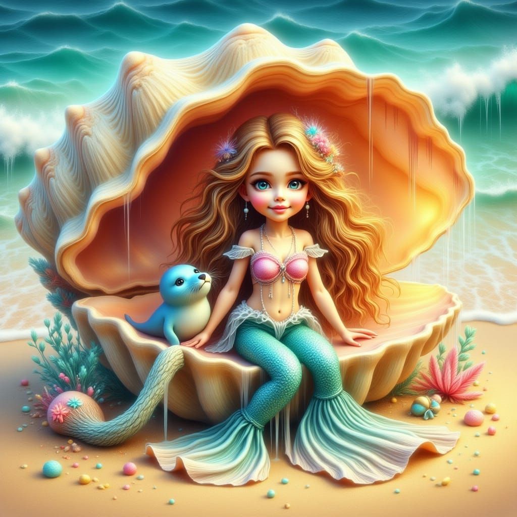 Mermaid and Seal in Seashell on Beach Illustration