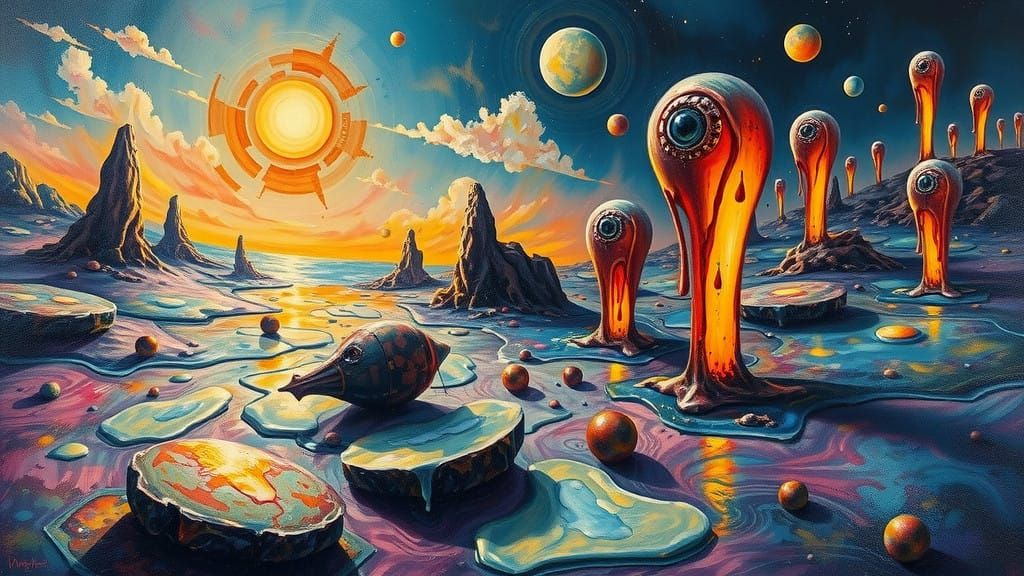 Dreamlike Surrealist Oil Painting with Melting Objects and D...