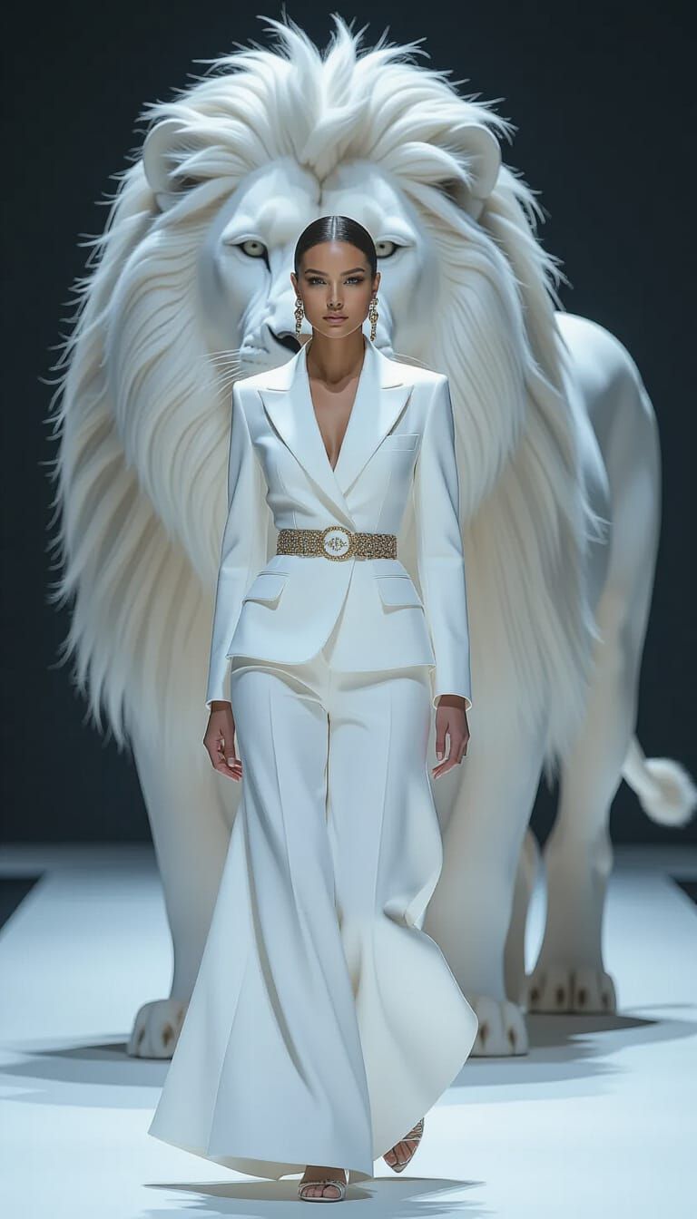 Elegant Woman With Giant Dior Lion in High-Contrast Lighting