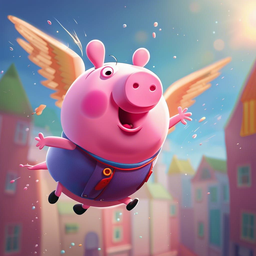 Hyperrealistic Peppa Pig Flying: Splash Art