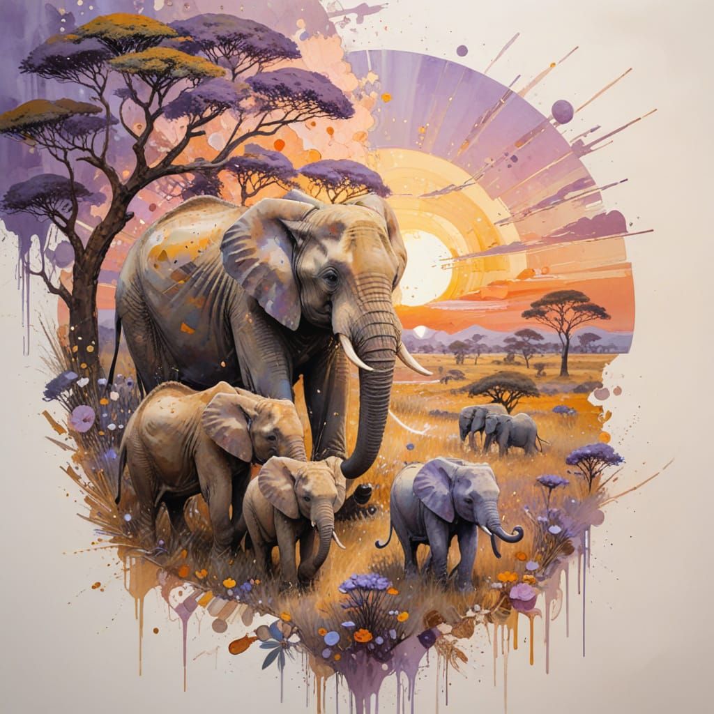 Golden Savannah Sunrise with Elephants in Watercolour Style