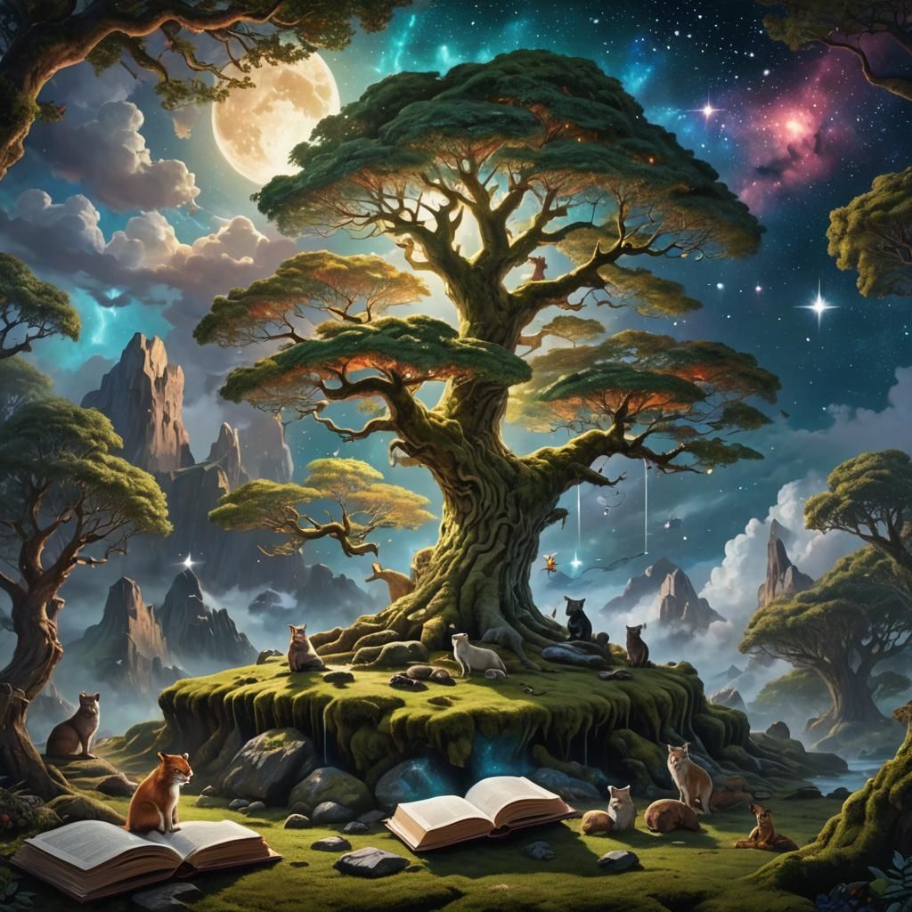 Mystical Open Book Under Ancient Glowing Tree