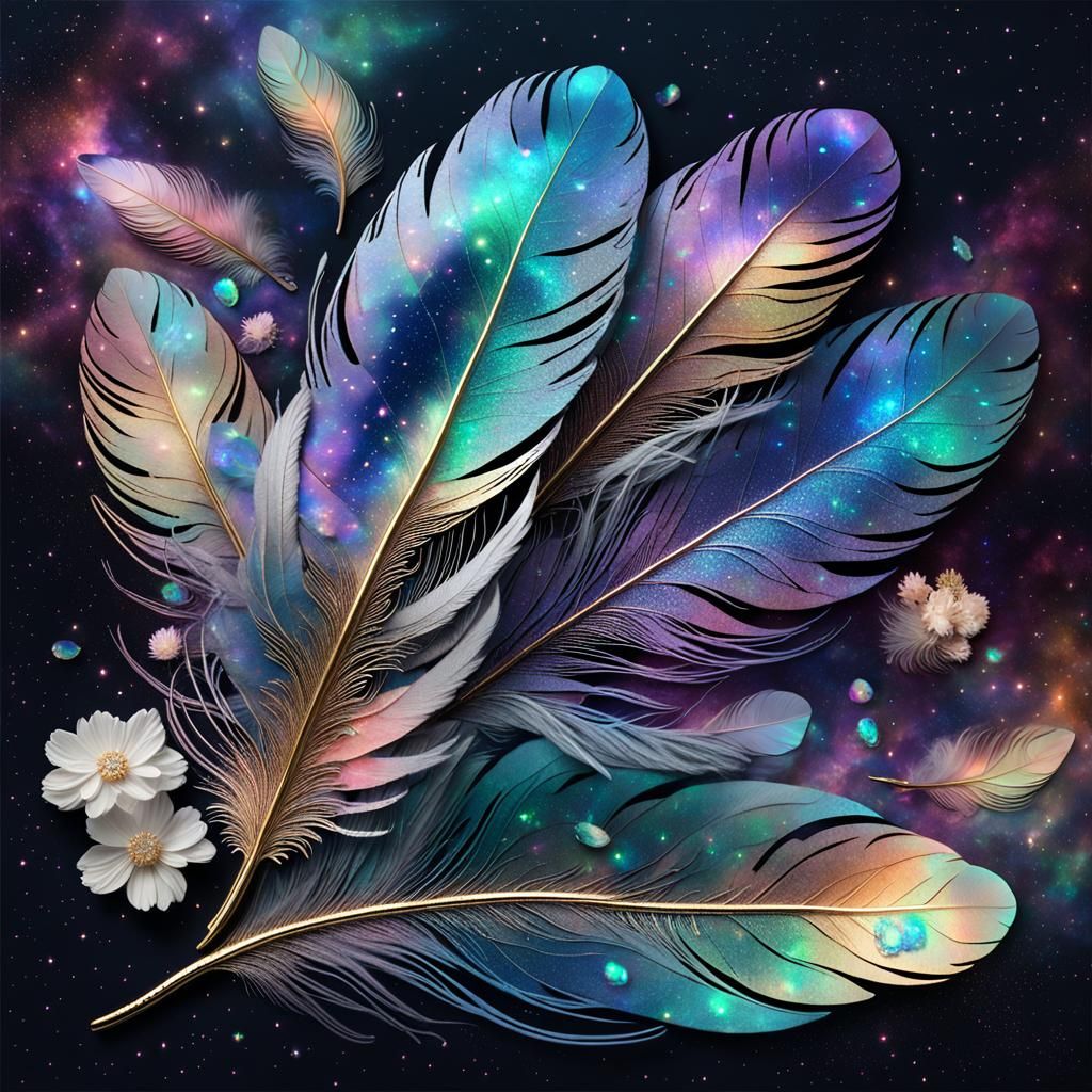Iridescent Nebula Feathers with Opals and Flowers