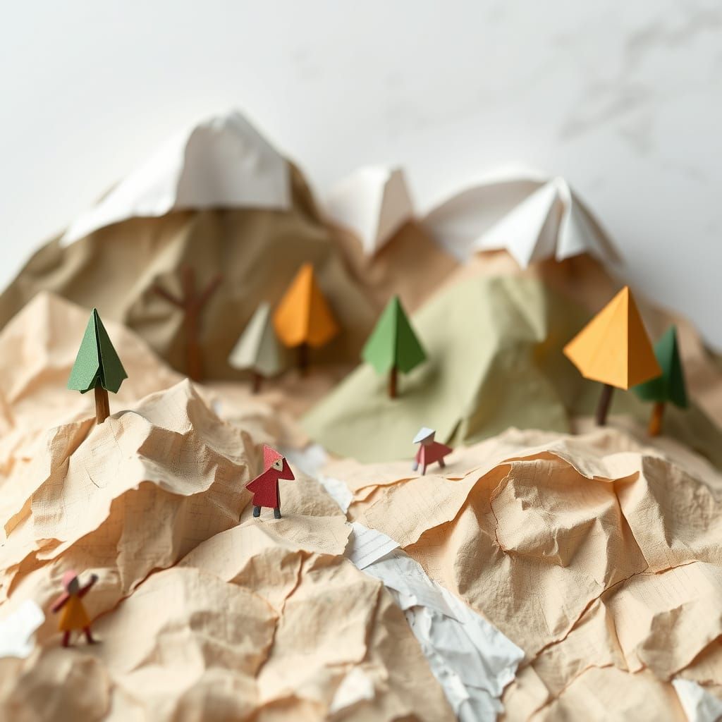 A whimsical scene of a miniature world constructed from torn...
