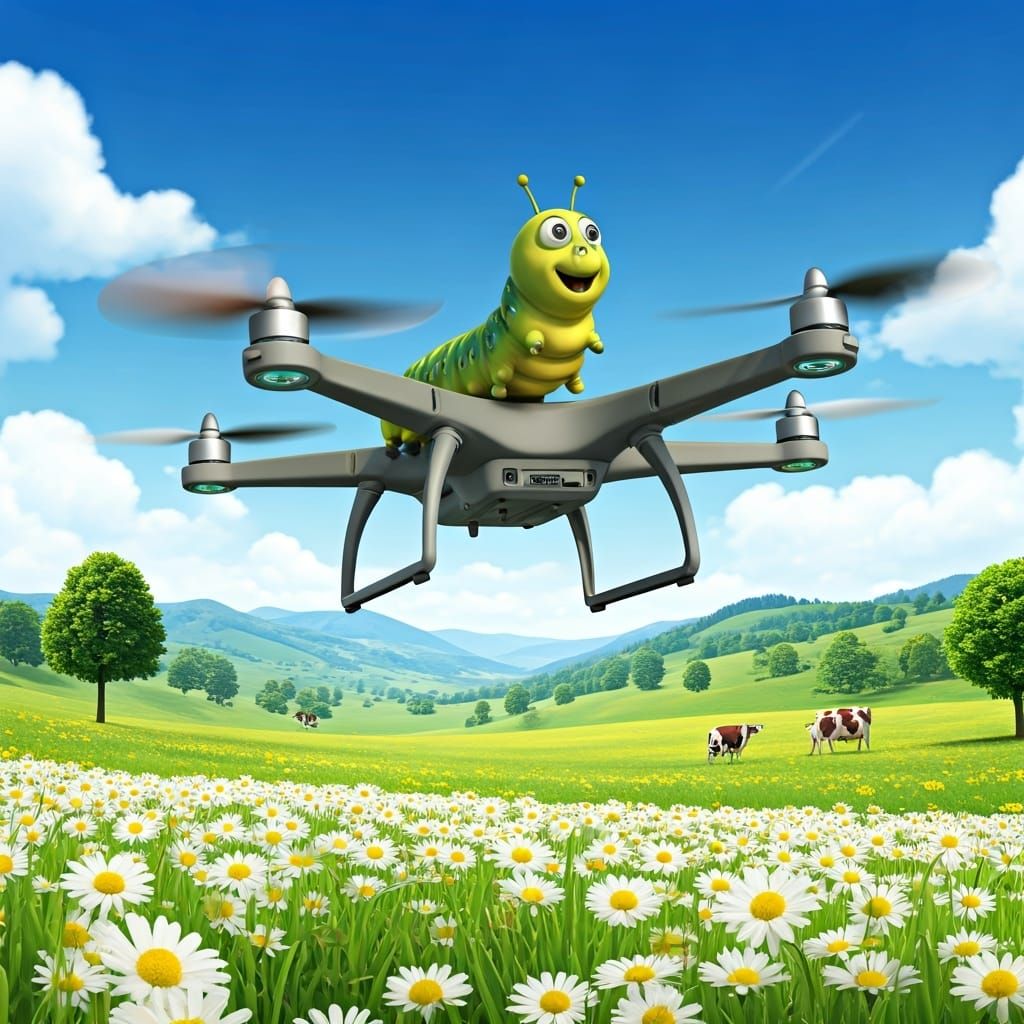 Cartoon Caterpillar's Drone Flight Over Meadow