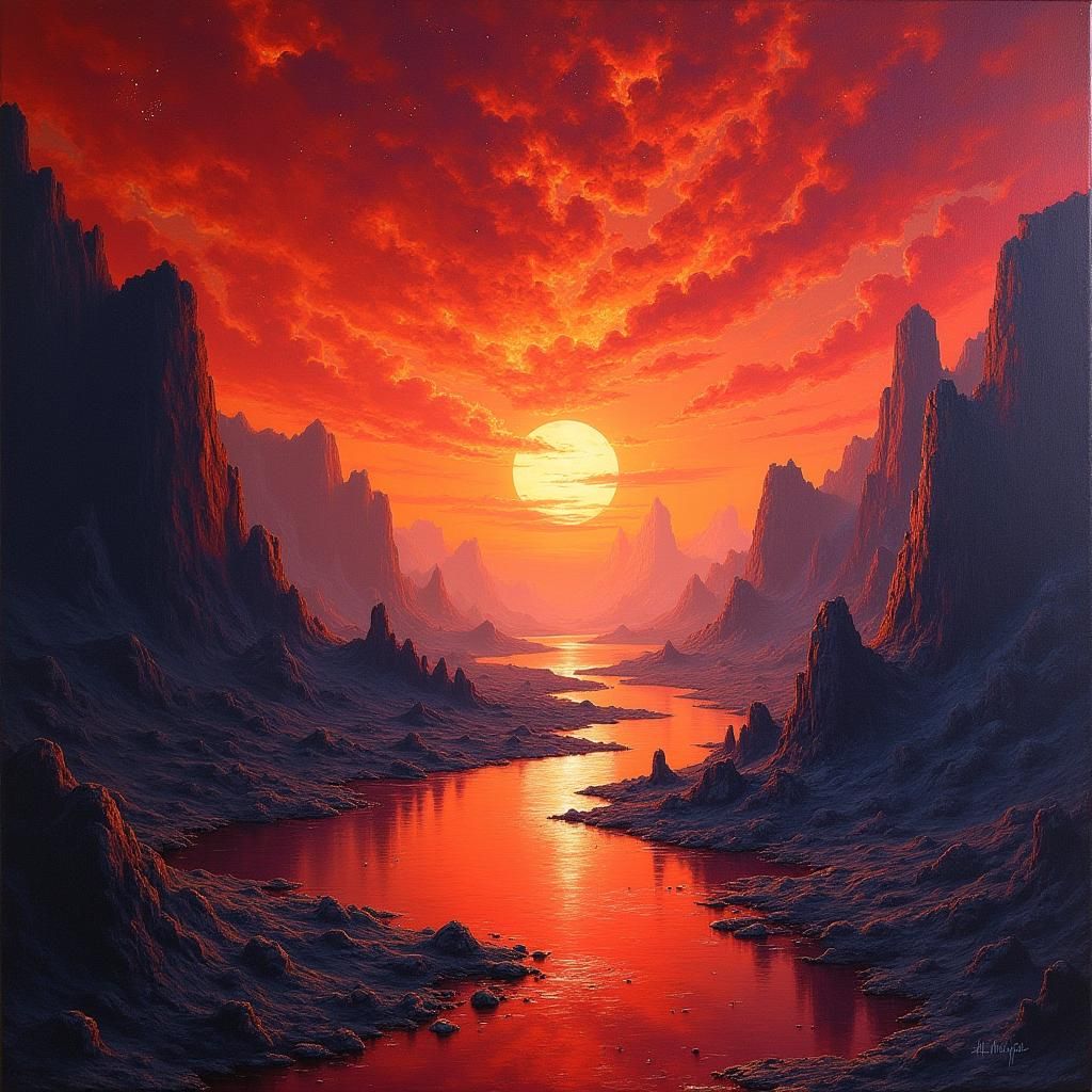 Dreamlike Cosmic Landscape Painting in Red and Orange