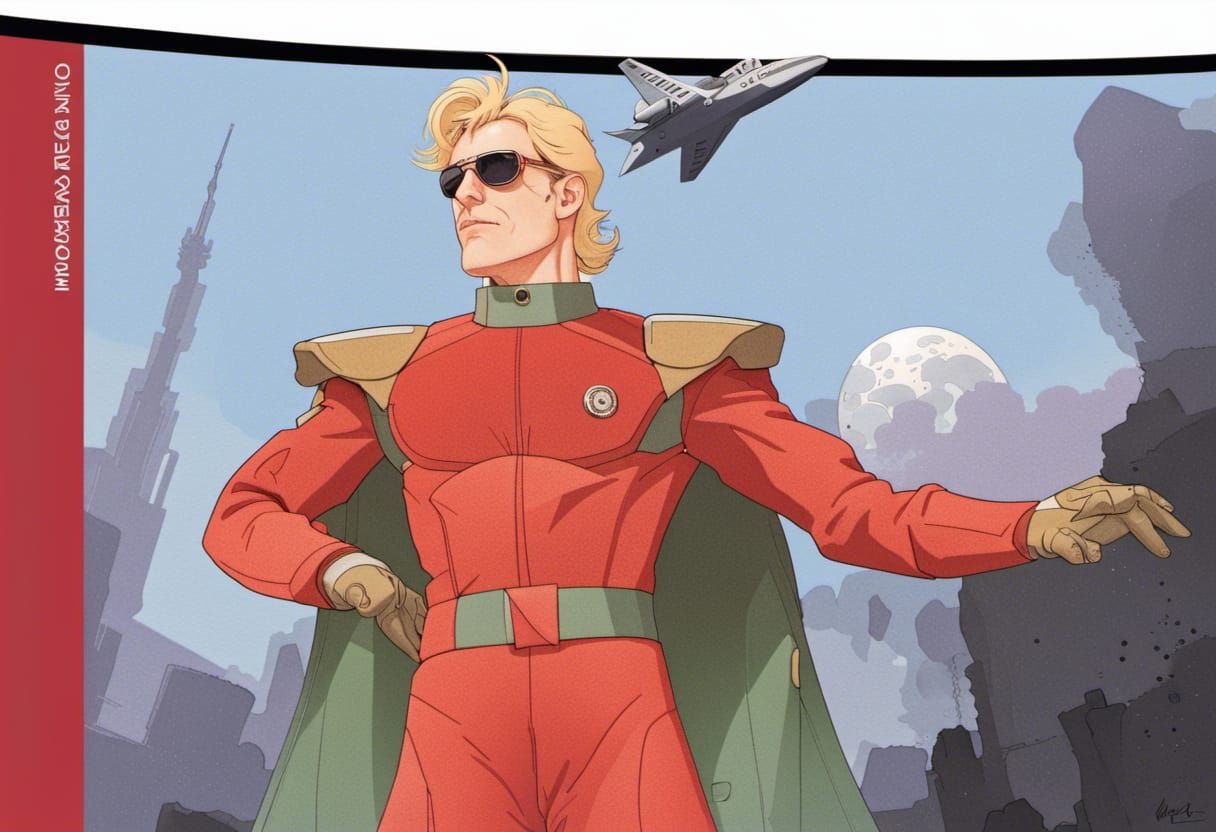 Char Aznable, slim attractive man with shoulder length blonde hair, aviator sunglasses, red space suit, head and torso p...