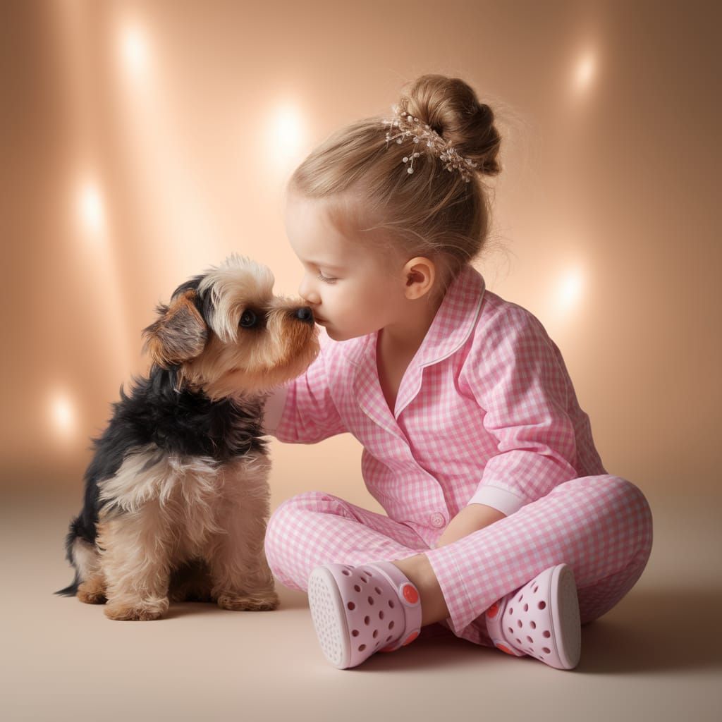 Sweet Toddler Kisses Fluffy Yorkie in Whimsical Fairytale Sc...