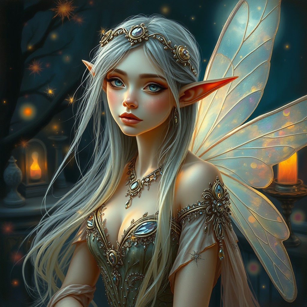 Ethereal Fairy Elf with Luminous Hair in Surreal Style