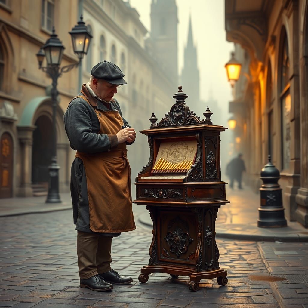Victorian Organ Grinder on Misty Street Corner