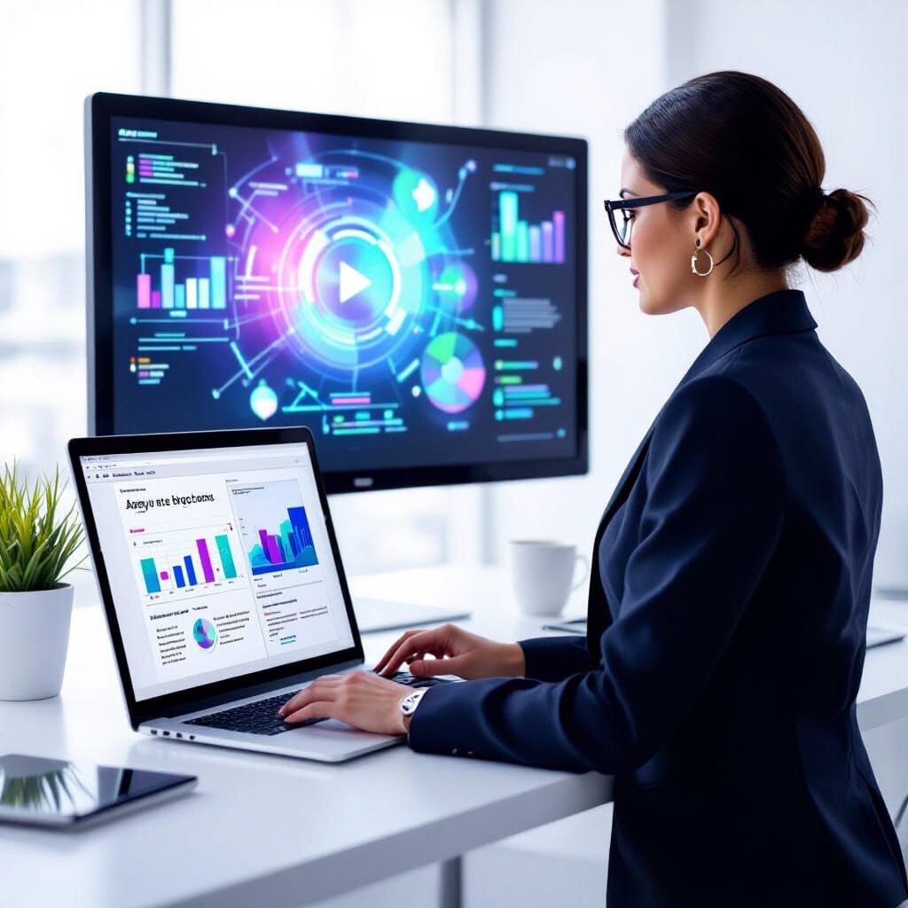 Professional Woman Creates Presentation in Futuristic Style