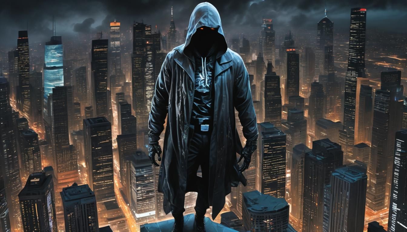 Hooded Figure Dominates Dystopian Cityscape as Oil Painting