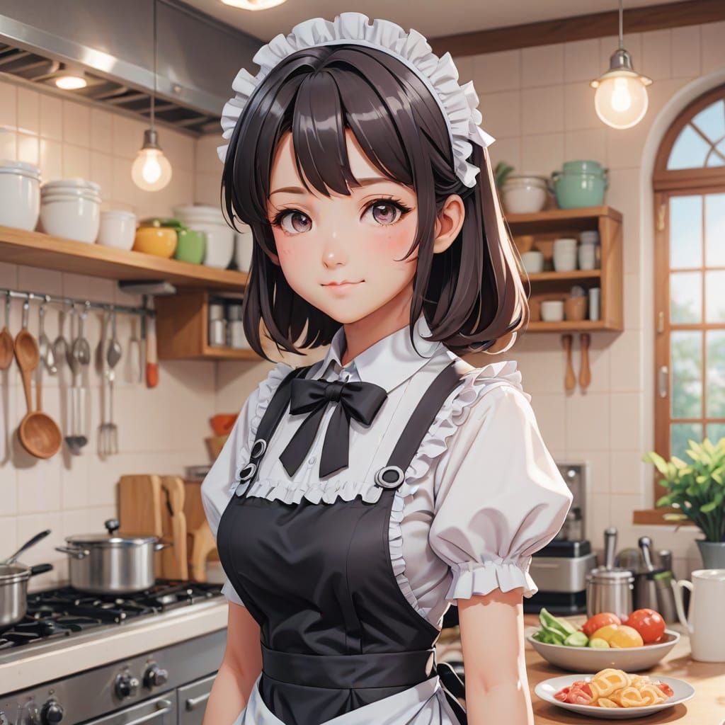Cute Maid Girl in Pastel Kitchen