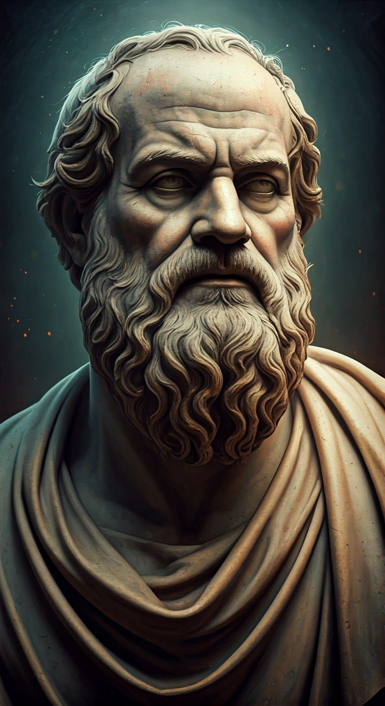 Ancient Greek Philosopher Statue in Dramatic Lighting