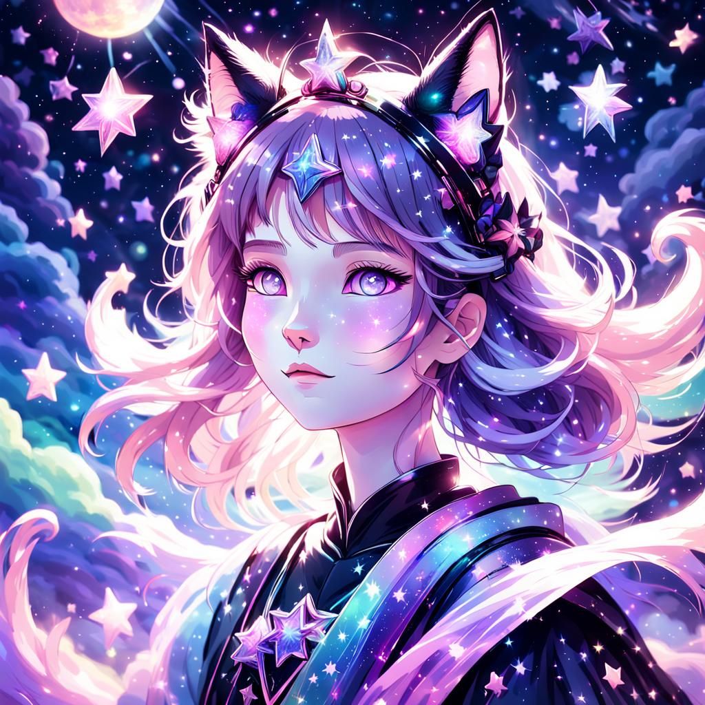 Celestial Cat-Eared Princess in Starry Night Sky