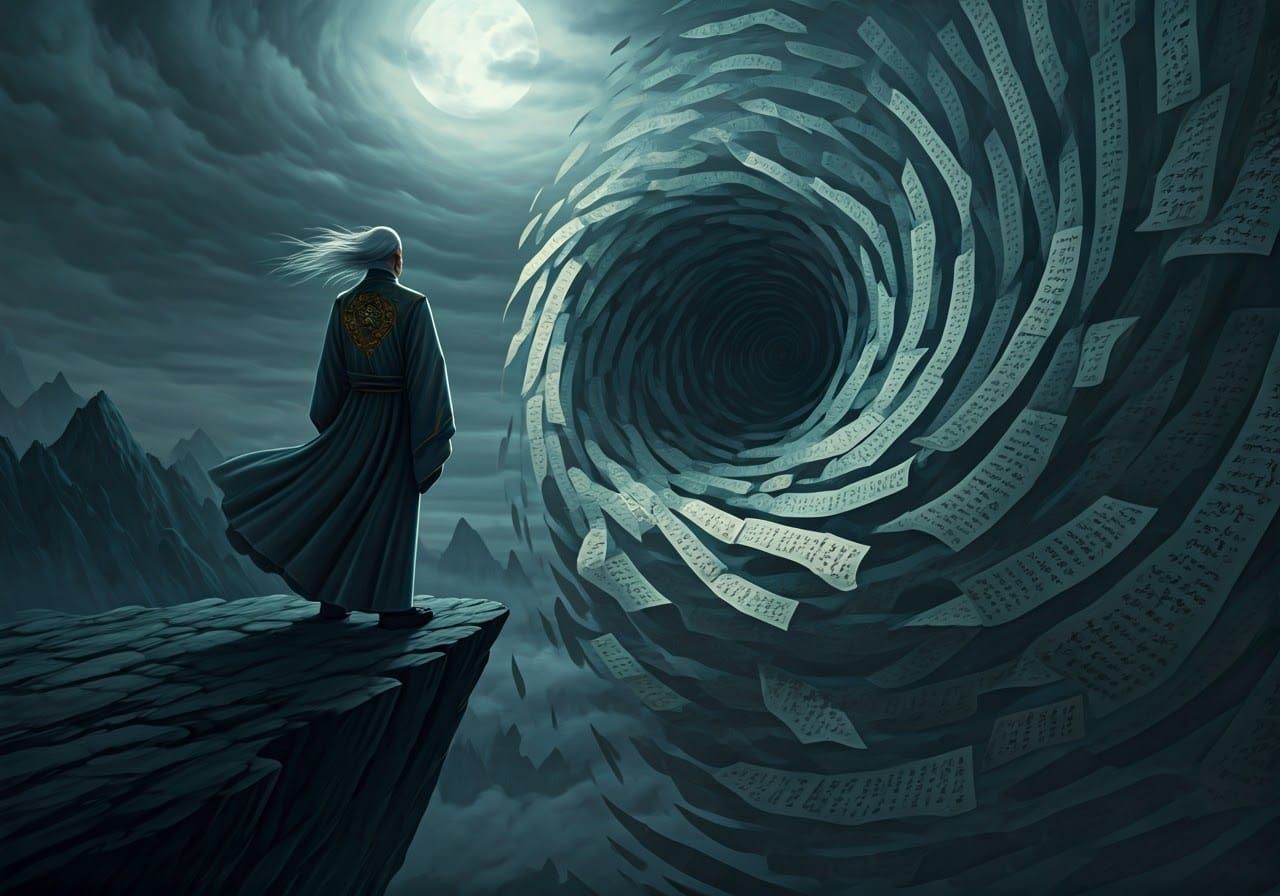 Elderly Poet and Vortex of Calligraphy Scrolls