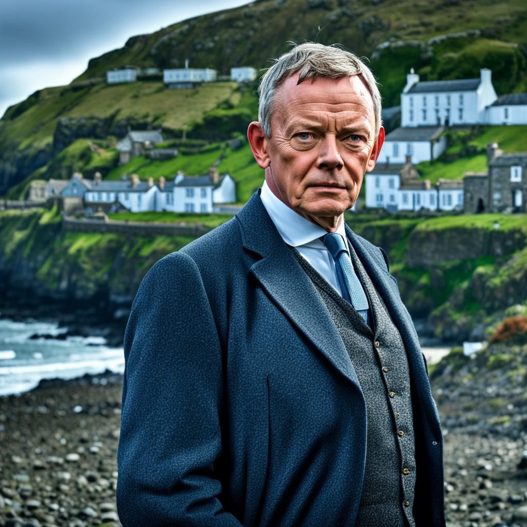 Hyperrealistic Doc Martin in Portwenn, Sharp Focus