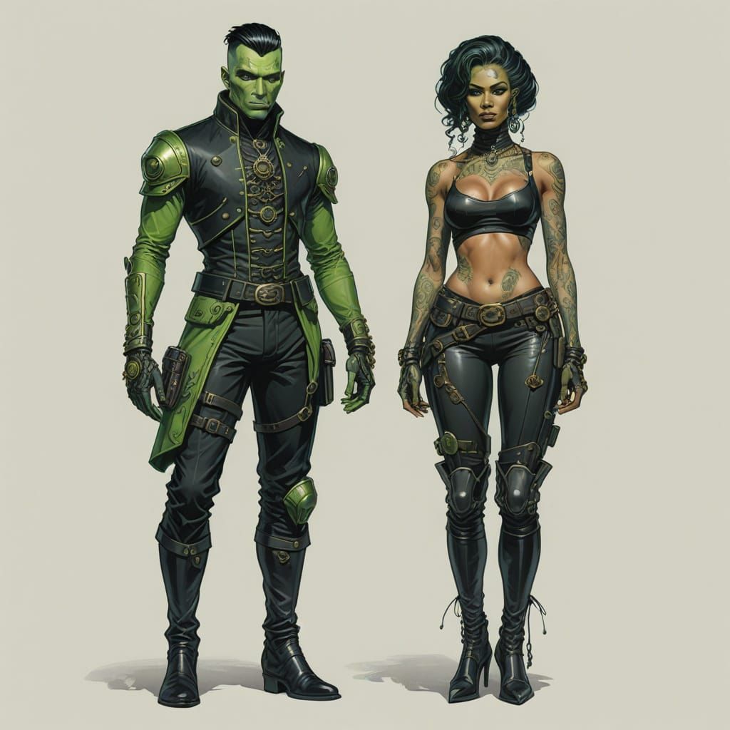 Green-Skinned Sci-Fi Duo in Colonial Attire