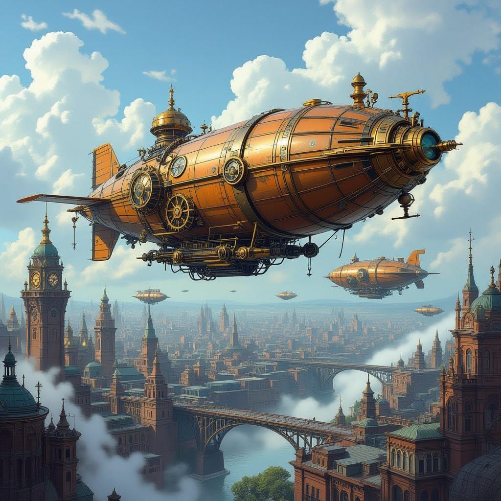 Surreal Steampunk Metropolis with Clockwork Airships