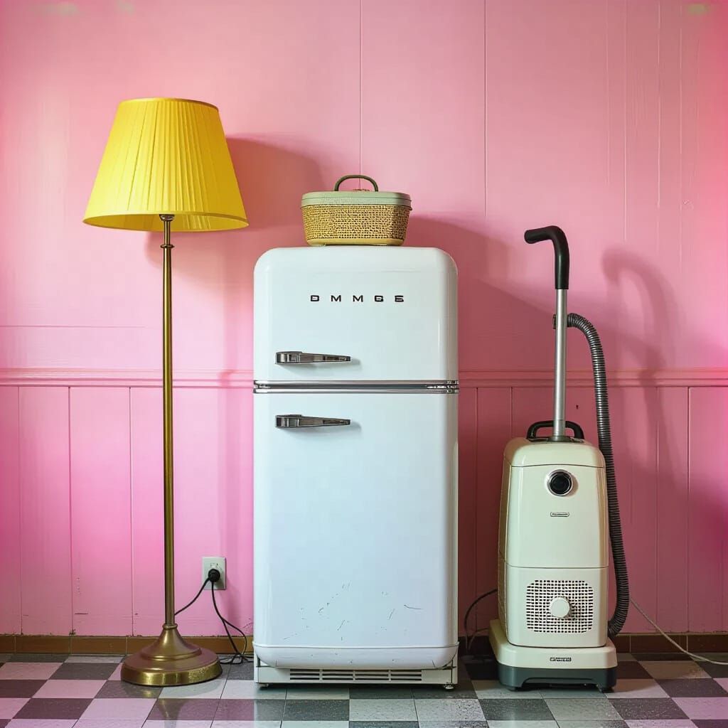 1980s Kitchen Scene: Lamp, Fridge, and Vacuum Cleaner