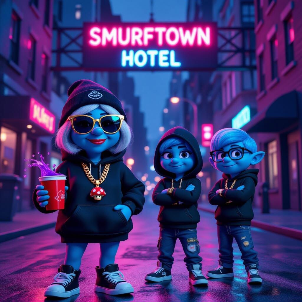 Smurf-Inspired Urban Characters in Neon City Poster