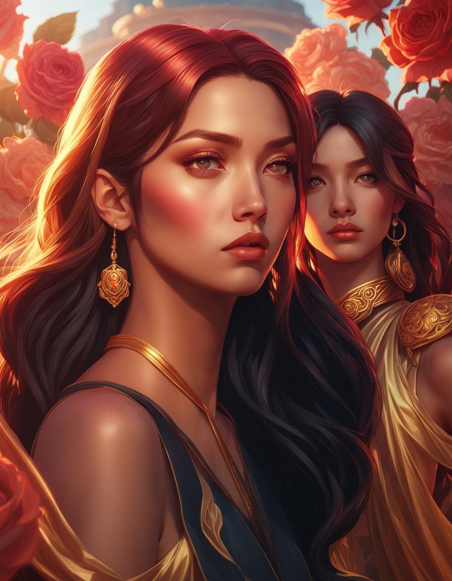 Hyperrealistic Portrait of Four Women in Art Nouveau Style