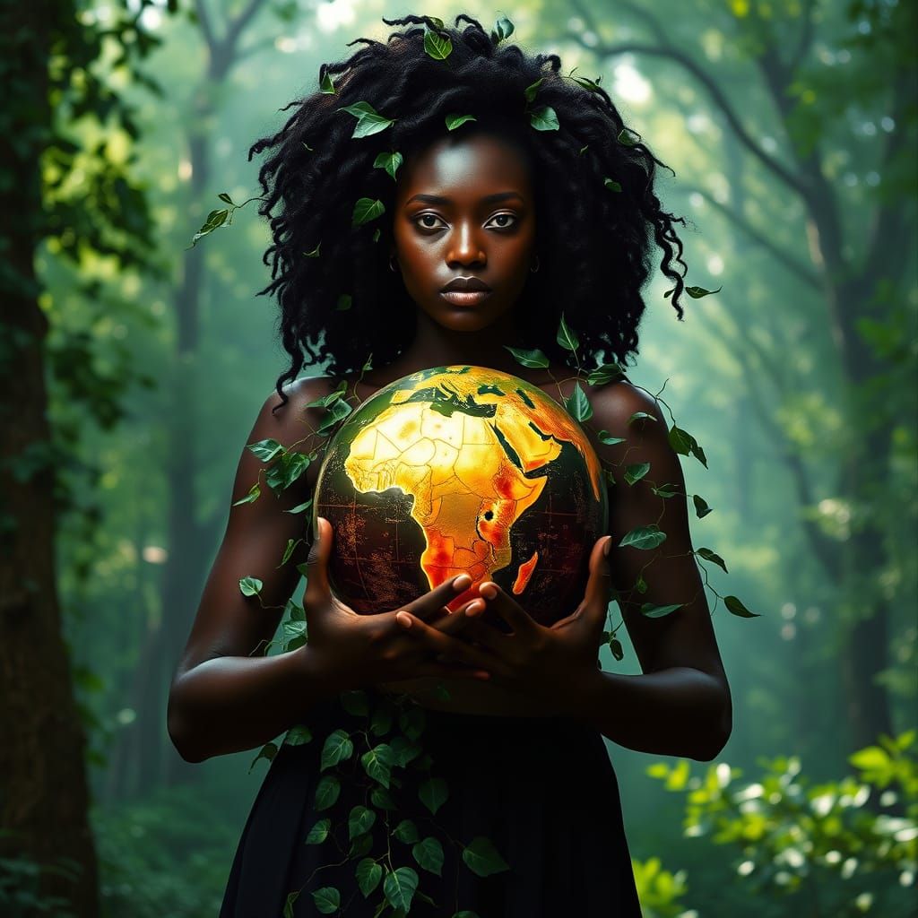 Majestic Black Goddess in Lush African Landscape