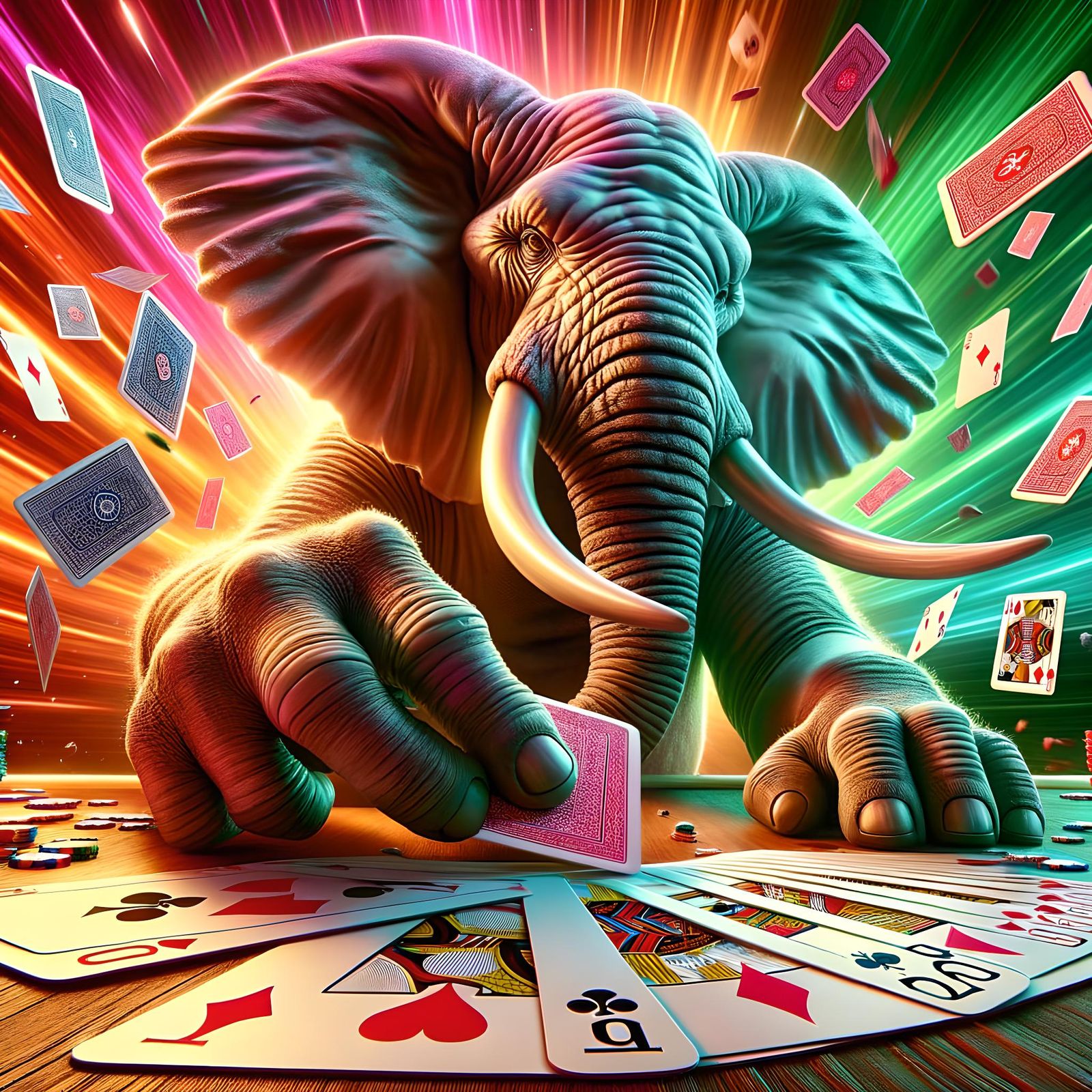 Anthropomorphic Elephant Plays Bridge in Dramatic Lighting